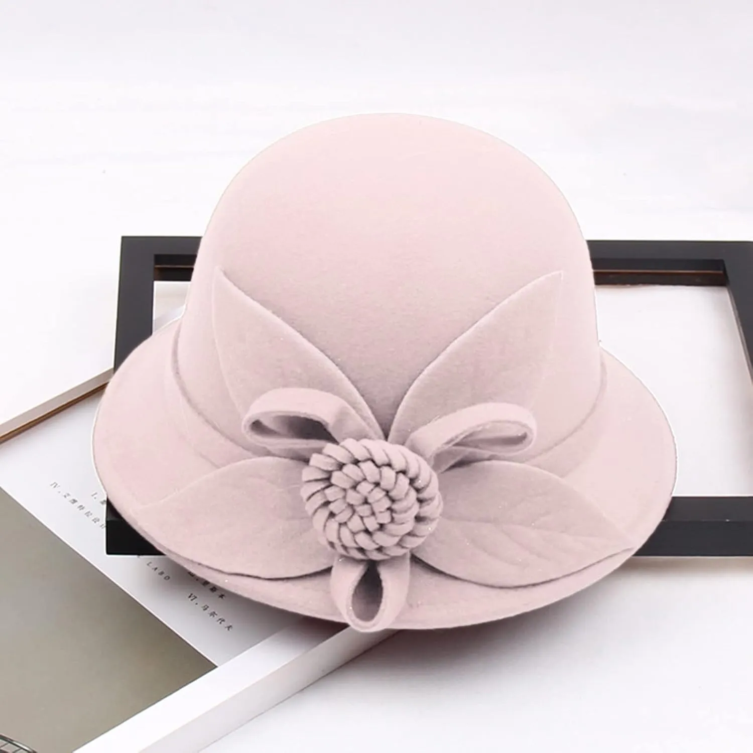 Women Solid Color Winter Hat Wool Cloche Bucket with Bow Women's Imitation Wool Fel Flowers Church Bowler Hats