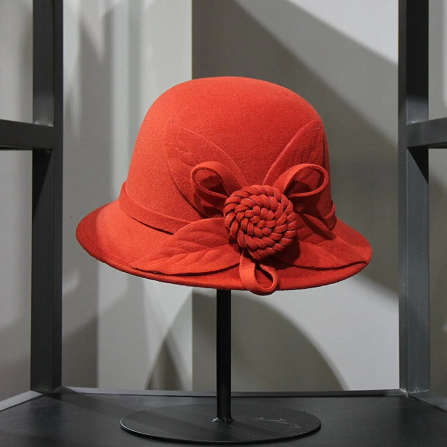 Women Solid Color Winter Hat Wool Cloche Bucket with Bow Women's Imitation Wool Fel Flowers Church Bowler Hats