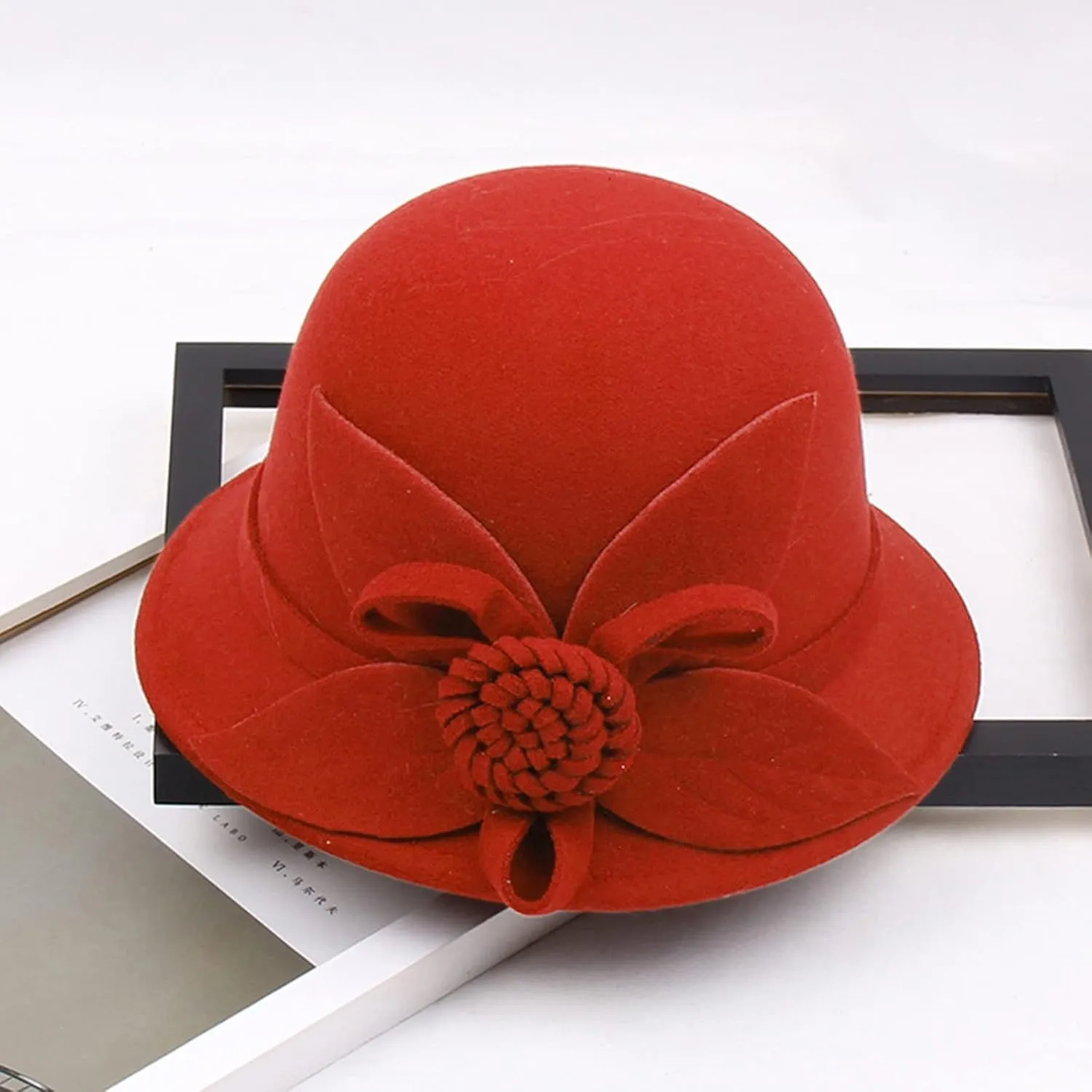 Women Solid Color Winter Hat Wool Cloche Bucket with Bow Women's Imitation Wool Fel Flowers Church Bowler Hats