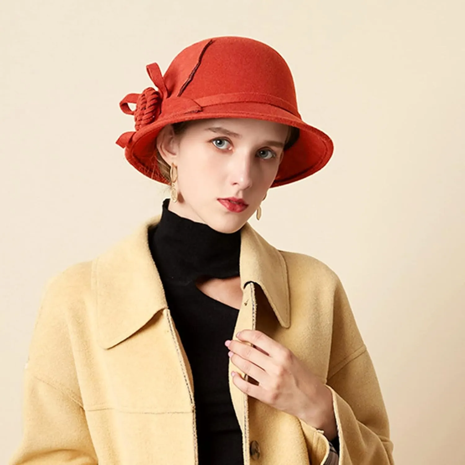 Women Solid Color Winter Hat Wool Cloche Bucket with Bow Women's Imitation Wool Fel Flowers Church Bowler Hats