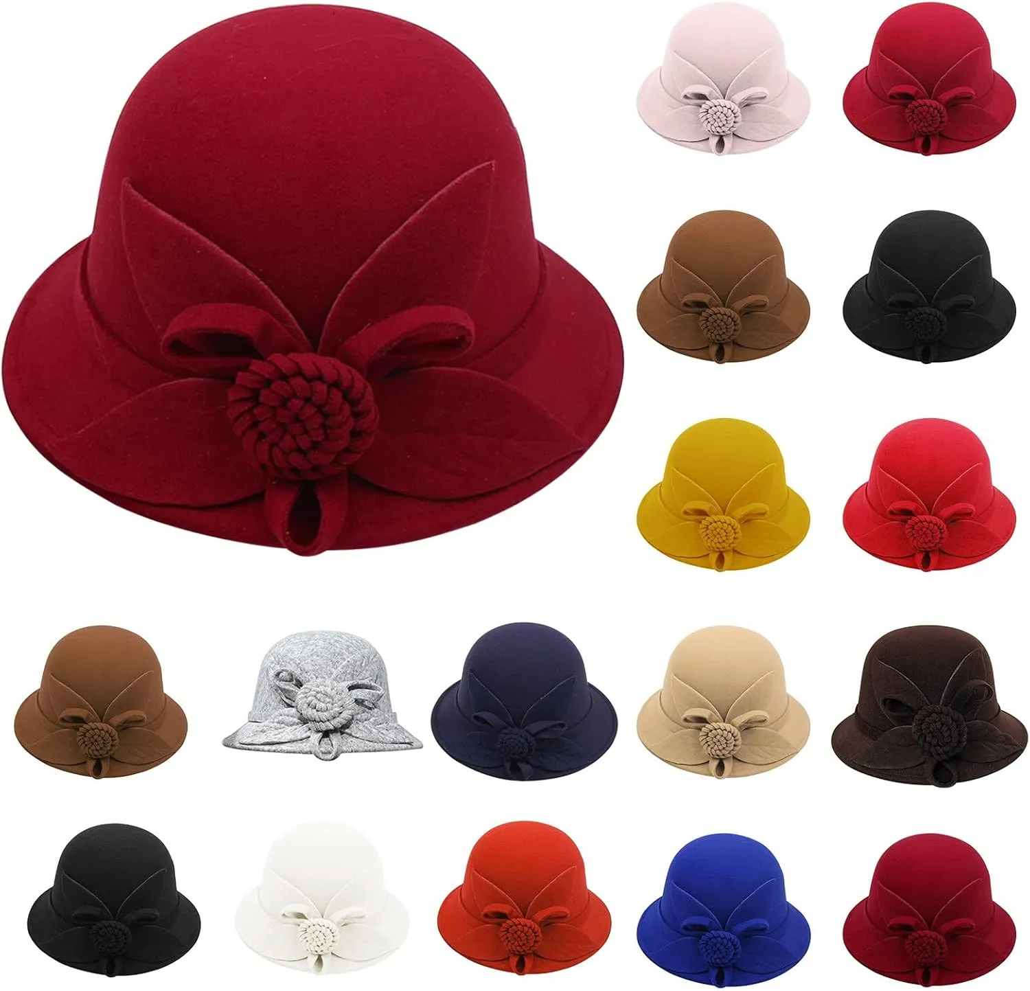 Women Solid Color Winter Hat Wool Cloche Bucket with Bow Women's Imitation Wool Fel Flowers Church Bowler Hats