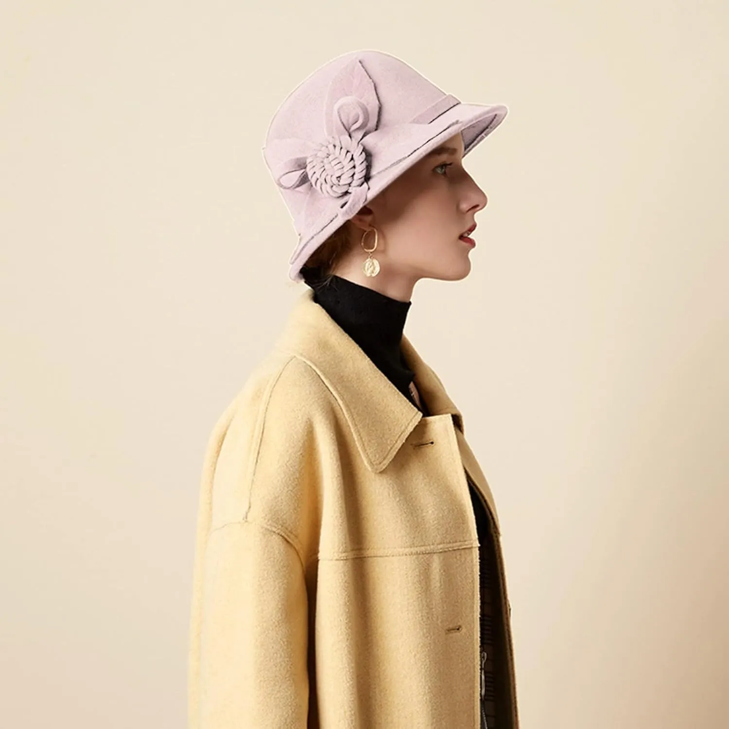 Women Solid Color Winter Hat Wool Cloche Bucket with Bow Women's Imitation Wool Fel Flowers Church Bowler Hats
