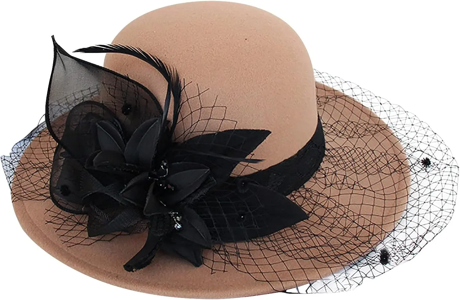 Women's Imitation Wool Fel Flowers Church Bowler Hats Women Solid Color Winter Hat Wool Cloche Bucket with Bow