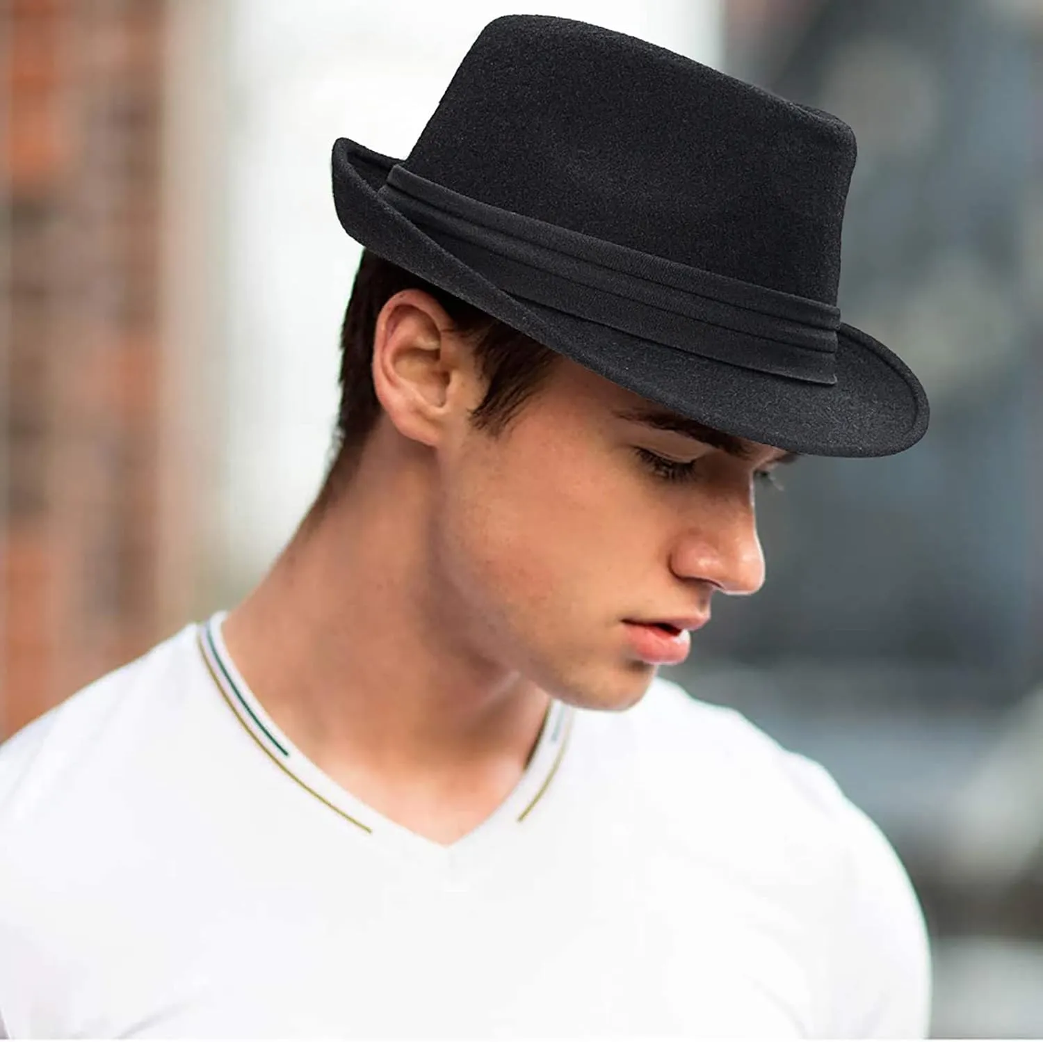 Womens Mens Classic Felt Trilby Hat Short Brim Fedora Hat Black Manhattan Gangster Jazz Hat for Unisex