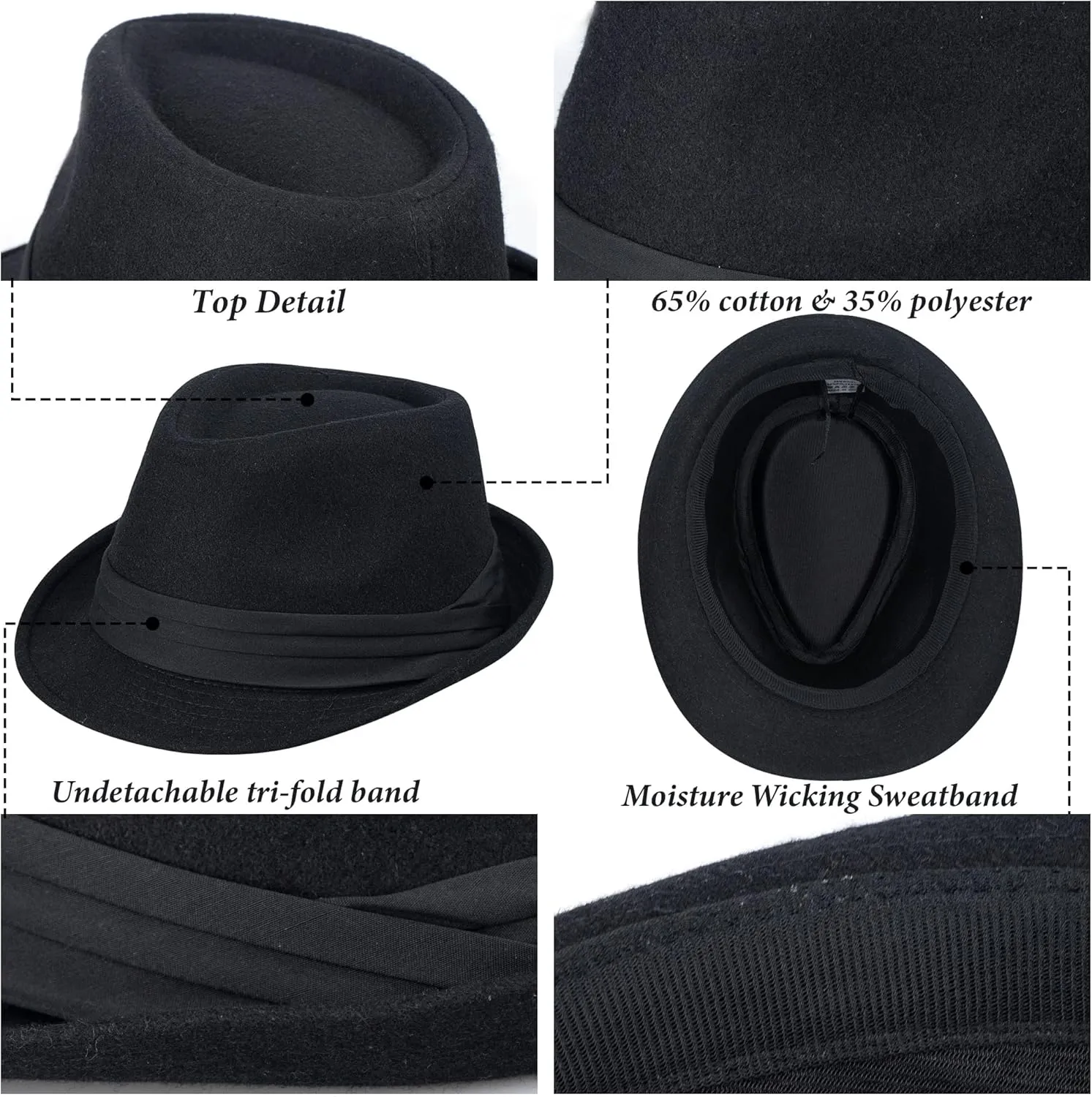 Womens Mens Classic Felt Trilby Hat Short Brim Fedora Hat Black Manhattan Gangster Jazz Hat for Unisex
