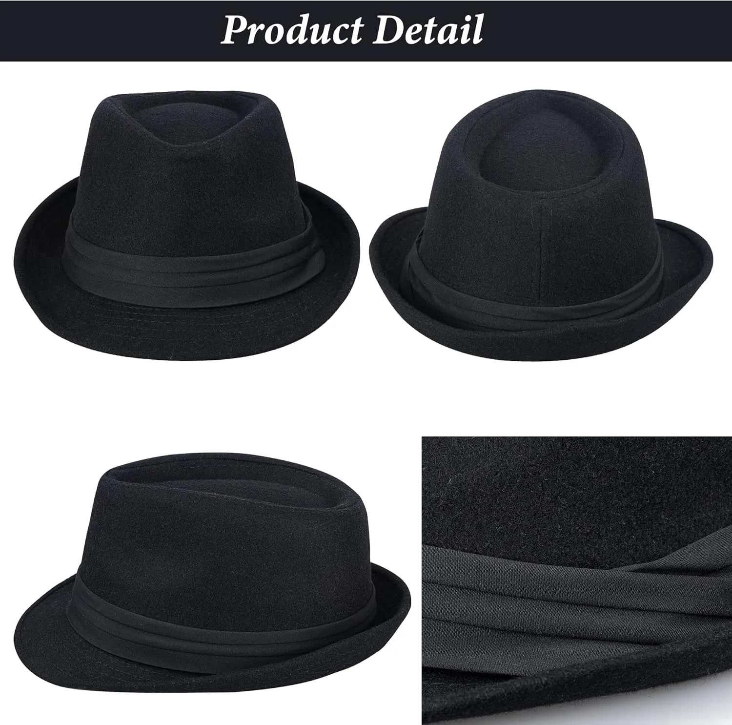 Womens Mens Classic Felt Trilby Hat Short Brim Fedora Hat Black Manhattan Gangster Jazz Hat for Unisex