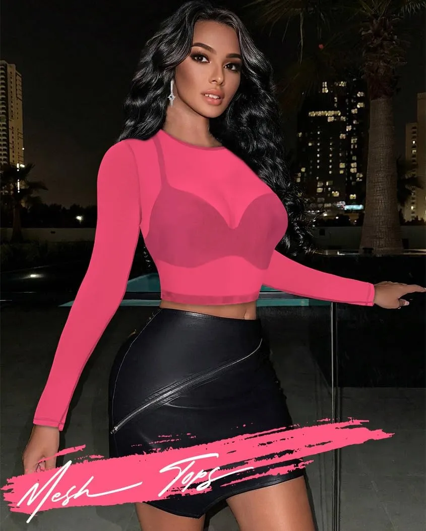 Women's Mesh Tops See Through Shirts Long Sleeve Bodycon Sheer Blouse Clubwear