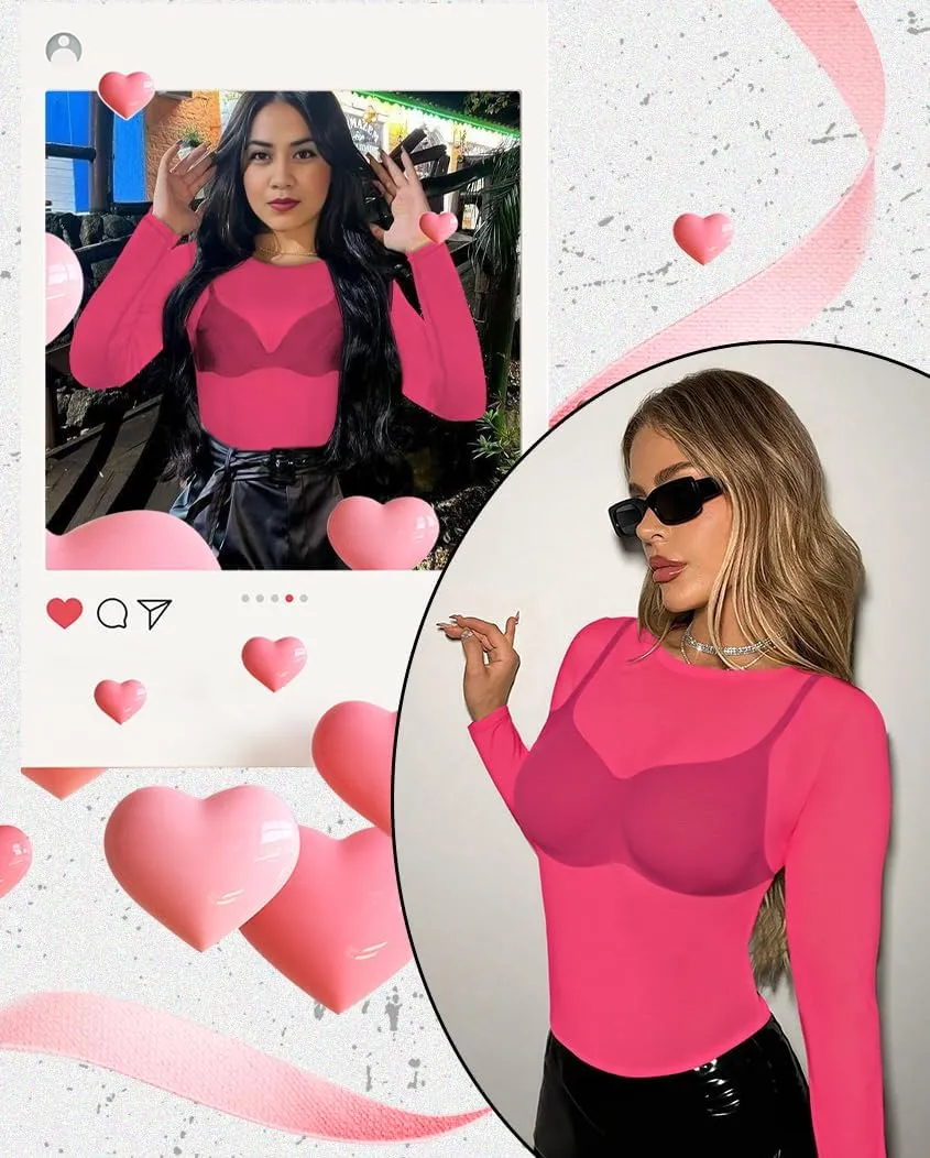 Women's Mesh Tops See Through Shirts Long Sleeve Bodycon Sheer Blouse Clubwear