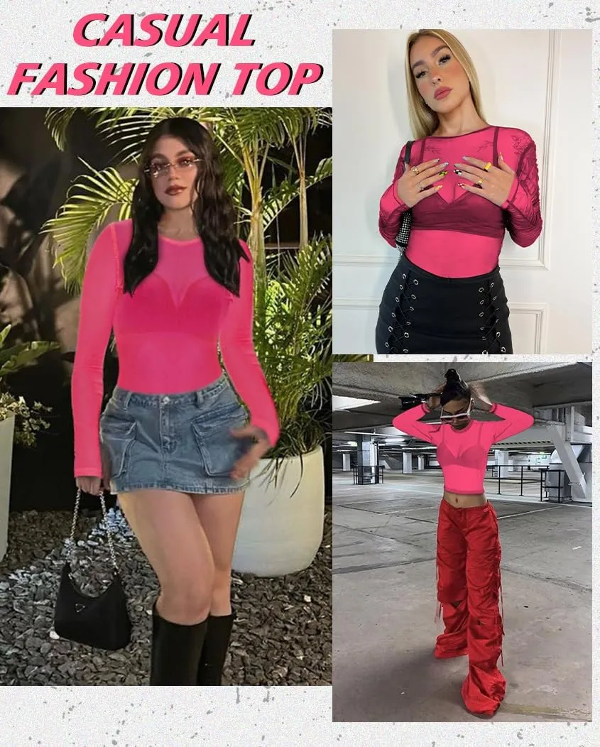 Women's Mesh Tops See Through Shirts Long Sleeve Bodycon Sheer Blouse Clubwear