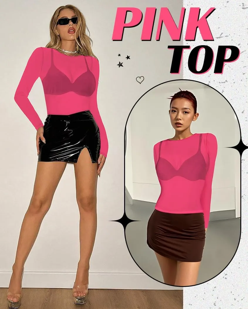 Women's Mesh Tops See Through Shirts Long Sleeve Bodycon Sheer Blouse Clubwear