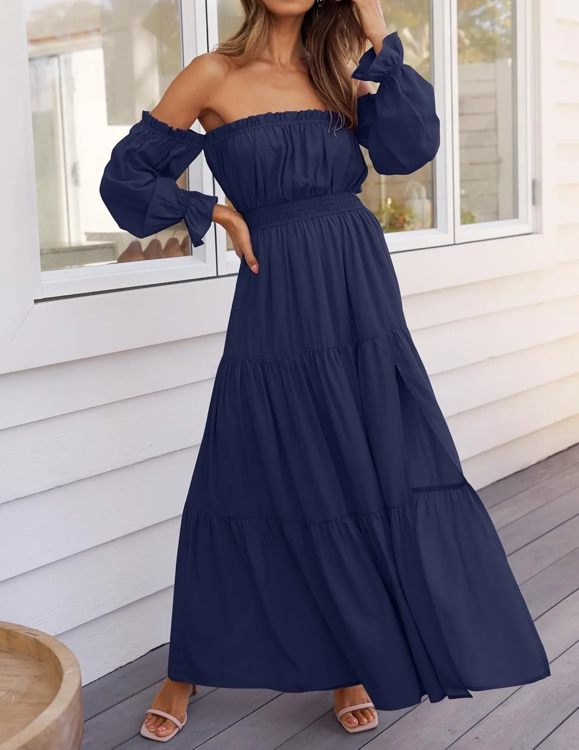 ZESICA Women's 2025 Boho Sexy Off Shoulder Long Sleeve Smocked High Waist Side Split Flowy A Line Tiered Long Maxi Dress