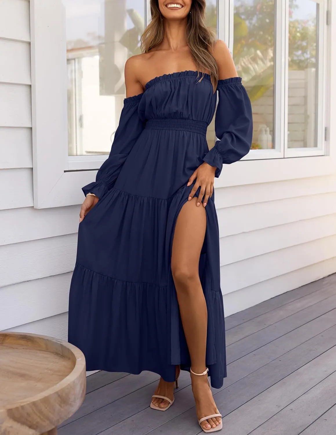ZESICA Women's 2025 Boho Sexy Off Shoulder Long Sleeve Smocked High Waist Side Split Flowy A Line Tiered Long Maxi Dress