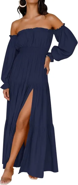 ZESICA Women's 2025 Boho Sexy Off Shoulder Long Sleeve Smocked High Waist Side Split Flowy A Line Tiered Long Maxi Dress