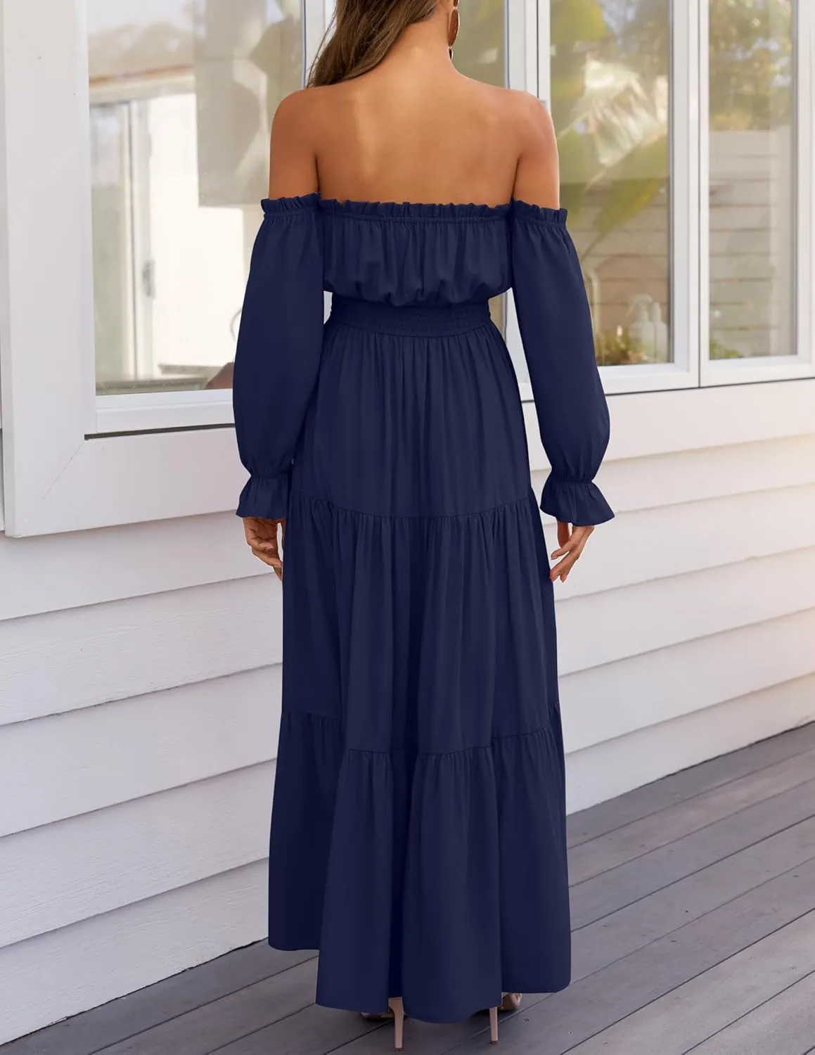 ZESICA Women's 2025 Boho Sexy Off Shoulder Long Sleeve Smocked High Waist Side Split Flowy A Line Tiered Long Maxi Dress