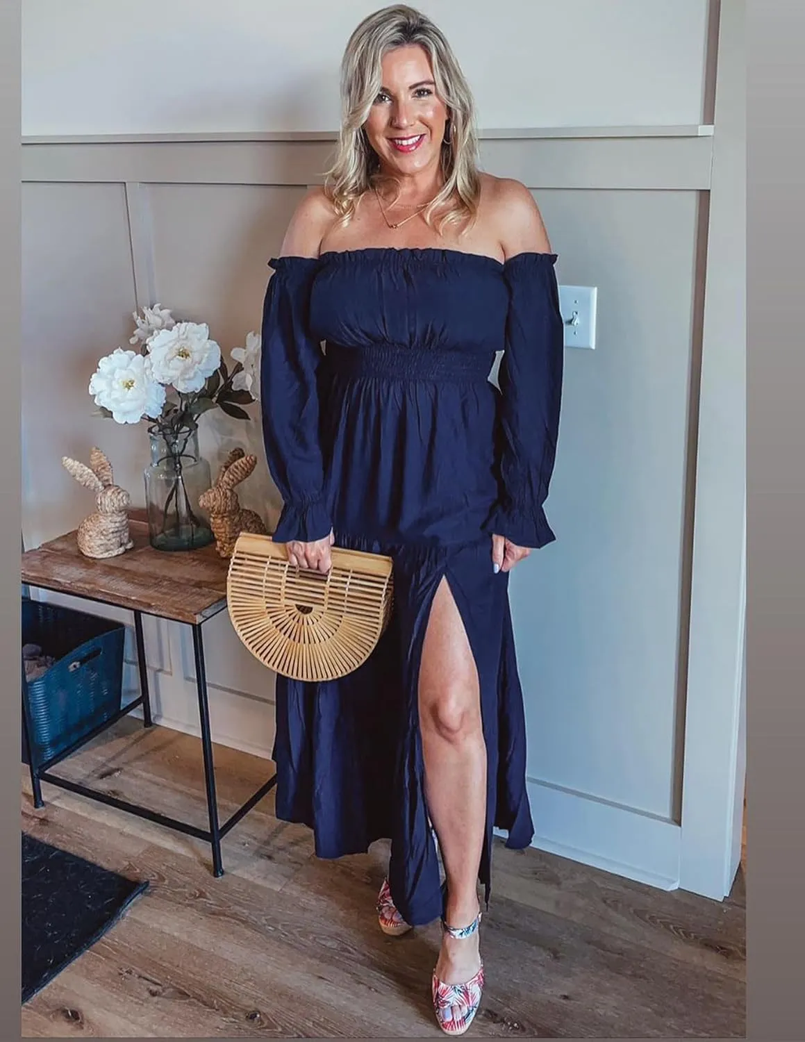 ZESICA Women's 2025 Boho Sexy Off Shoulder Long Sleeve Smocked High Waist Side Split Flowy A Line Tiered Long Maxi Dress