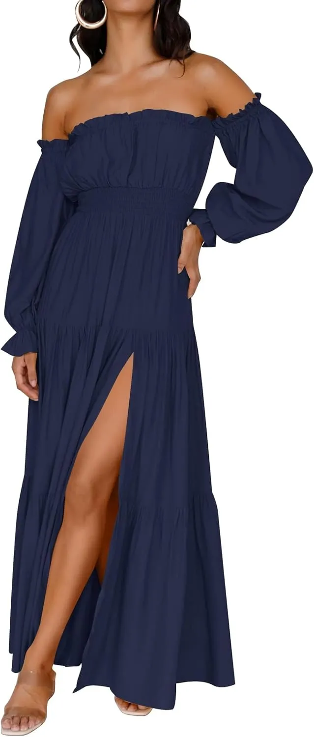 ZESICA Women's 2025 Boho Sexy Off Shoulder Long Sleeve Smocked High Waist Side Split Flowy A Line Tiered Long Maxi Dress